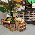 Fruit Store Interior Featuring Checkout Counter Fruit Displays Green Orange Decor Signs And Center Tree