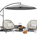 Stylish Rattan Outdoor Chairs With White Cushions Under Arched Patio Umbrella And Small Wooden Table