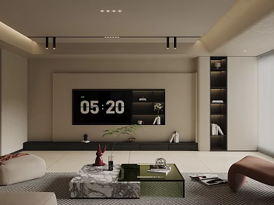 Modern Living Room Interior With TV Wall TV Stand Marble Coffee Table And Decorations 3d model