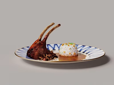 Roasted Lamb Chops With White Rice And Green Garnish On Blue White Patterned Plate 3d model