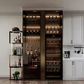 Elegant Modern Kitchen Interior Featuring Stylish Wine Cabinet With Glass Doors And Wine Bottles