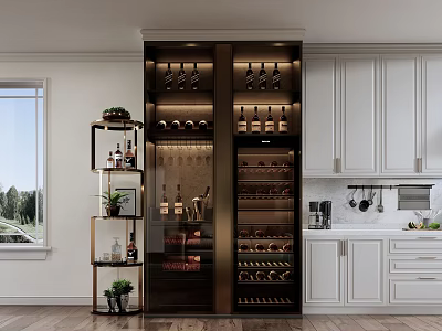 Elegant Modern Kitchen Interior Featuring Stylish Wine Cabinet With Glass Doors And Wine Bottles 3d model