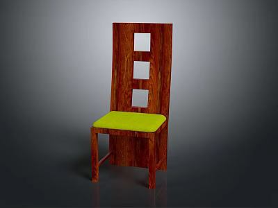 Modern Wooden Chair Featuring Yellow Cushioned Seat And Square Cutout Backrest 3d model