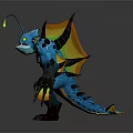 Blue Game Movie Character With Glowing Eyes Horns Orange Fins Green Patterns And Sharp Claws