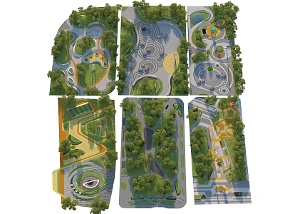 Diverse Park Landscape Designs Featuring Walking Paths Green Trees And Recreational Areas 3d model