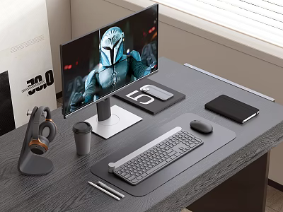Elegant Modern Computer Desktop Workspace Setup with Monitor Keyboard Mouse and Headphones 3d model