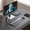 Desktop computer all-in-one keyboard mouse headset phone notepad pen coffee cup 3d model