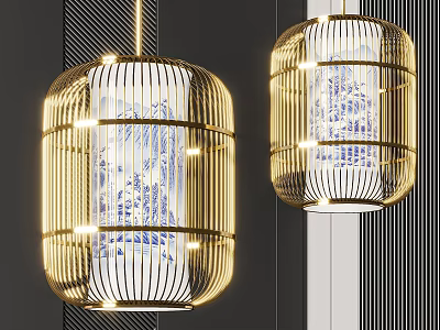 Elegant Chinese Style Pendant Lights With Golden Frame And Blue White Landscape Design 3d model
