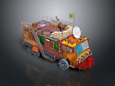 Colorful Decorative Truck With Ladder Satellite Dish Stacked Sacks Railing And Ornate Wheels 3d model