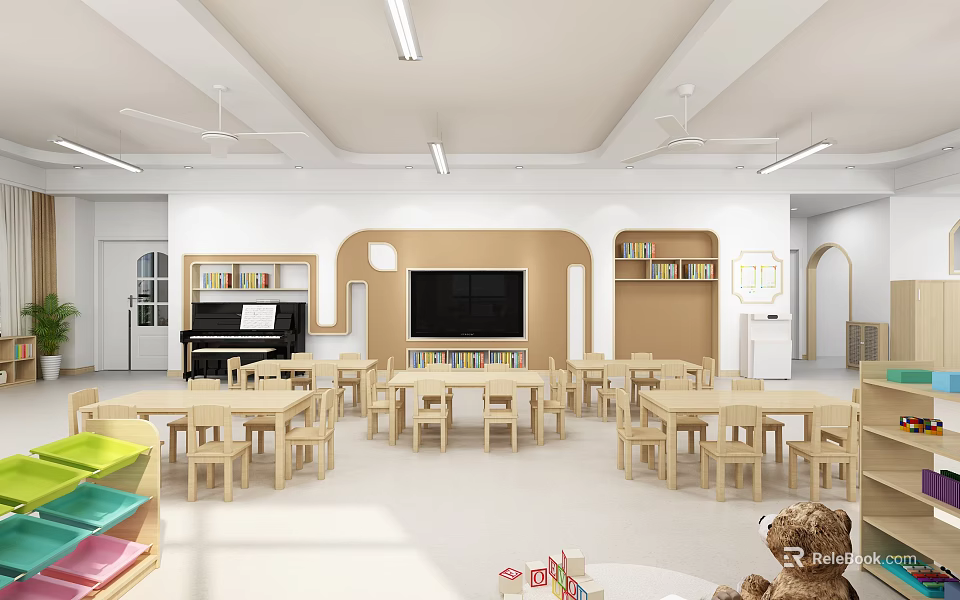 Kindergarten Classroom With Wooden Tables Chairs Bookshelves Piano TV And Toys 3d model 