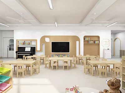 Kindergarten Classroom With Wooden Tables Chairs Bookshelves Piano TV And Toys 3d model