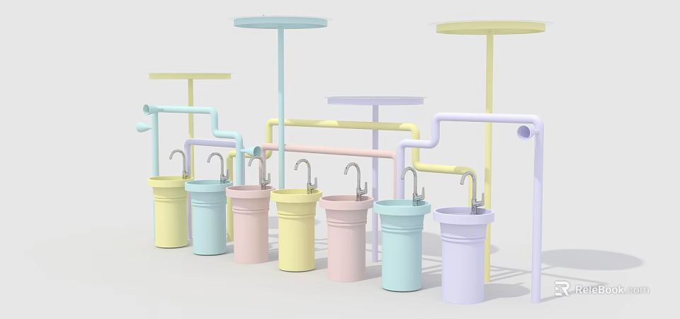 Colorful Modern Washbasins with Pastel Tones and Playful Pipe Structure Design 3d model 