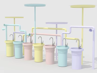 Colorful Modern Washbasins with Pastel Tones and Playful Pipe Structure Design 3d model