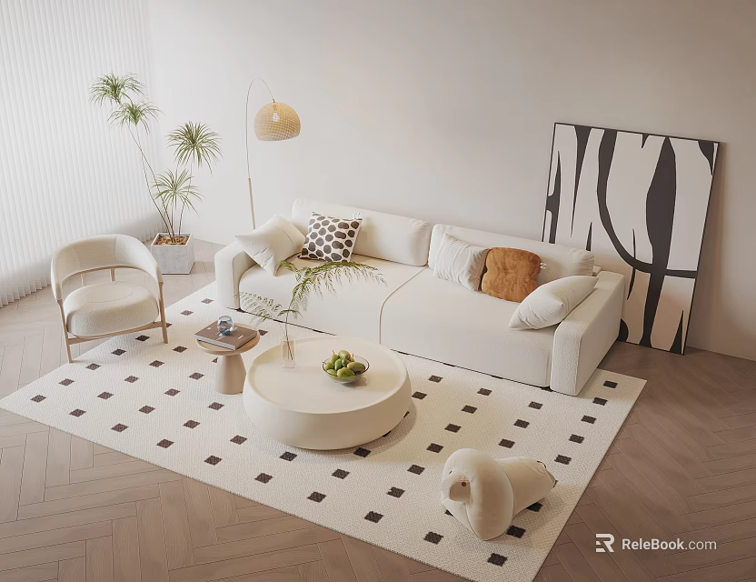 Minimalist White Sofa and Round Coffee Table Set with Geometric Rug Abstract Wall Art and Plants 3d model 