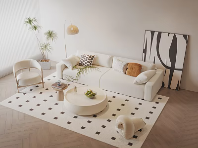 Minimalist White Sofa and Round Coffee Table Set with Geometric Rug Abstract Wall Art and Plants 3d model