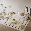 Minimalist White Sofa and Round Coffee Table Set with Geometric Rug Abstract Wall Art and Plants