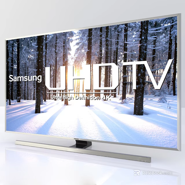 Samsung UHD TV Displaying Snowy Forest Scene With Sunlight And Snowy Trees 3d model 