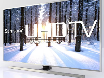 Samsung UHD TV Displaying Snowy Forest Scene With Sunlight And Snowy Trees 3d model