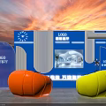 Interactive Zone With Blue Booth Orange And Yellow Bean Bags Sunset Sea View