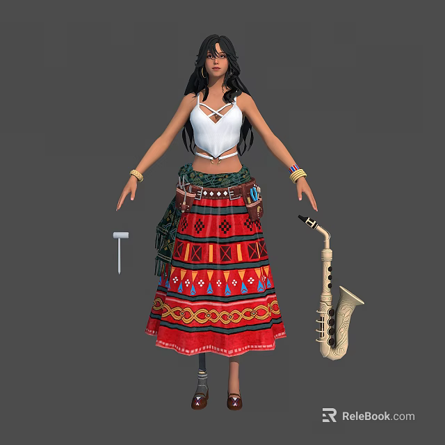 Female Character In Traditional White Top And Red Ethnic Patterned Skirt With Saxophone 3d model 