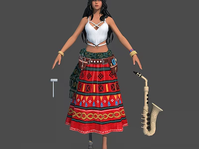 Female Character In Traditional White Top And Red Ethnic Patterned Skirt With Saxophone 3d model