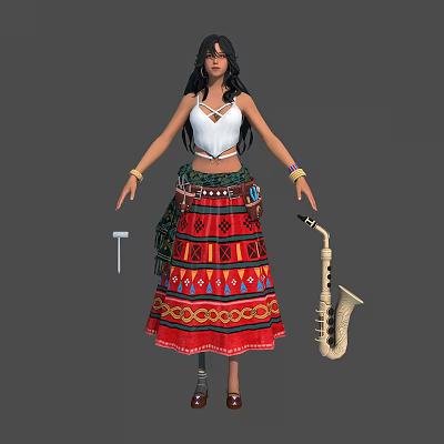 Female Character In Traditional White Top And Red Ethnic Patterned Skirt With Saxophone 3d model