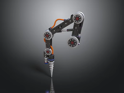 Multi Jointed Robotic Arm With Black Metal Frame Orange Cables And Rotating Components 3d model