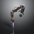 Multi Jointed Robotic Arm With Black Metal Frame Orange Cables And Rotating Components