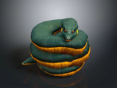 Green and Yellow Coiled Snake Character with Red Eyes 3d model