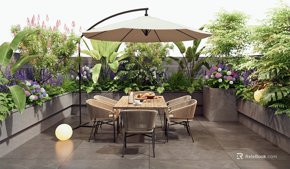 Villa Terrace With Large Beige Umbrella Wooden Dining Table Woven Chairs And Green Plants 3d model 