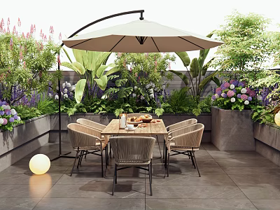 Villa Terrace With Large Beige Umbrella Wooden Dining Table Woven Chairs And Green Plants 3d model