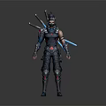 Futuristic Game Character In Blue Black Armor With Katana Swords And Glowing Accents