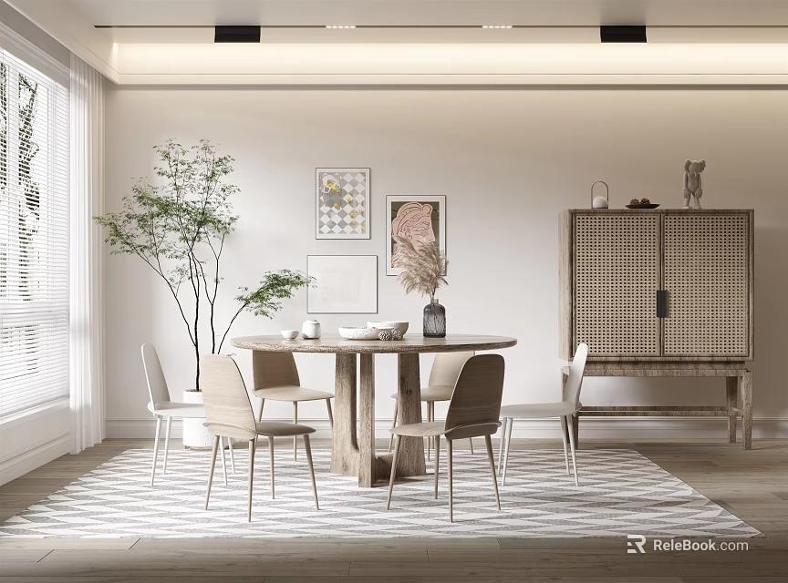Modern Restaurant Interior With Round Dining Table Rattan Cabinet And Decorative Paintings 3d model 