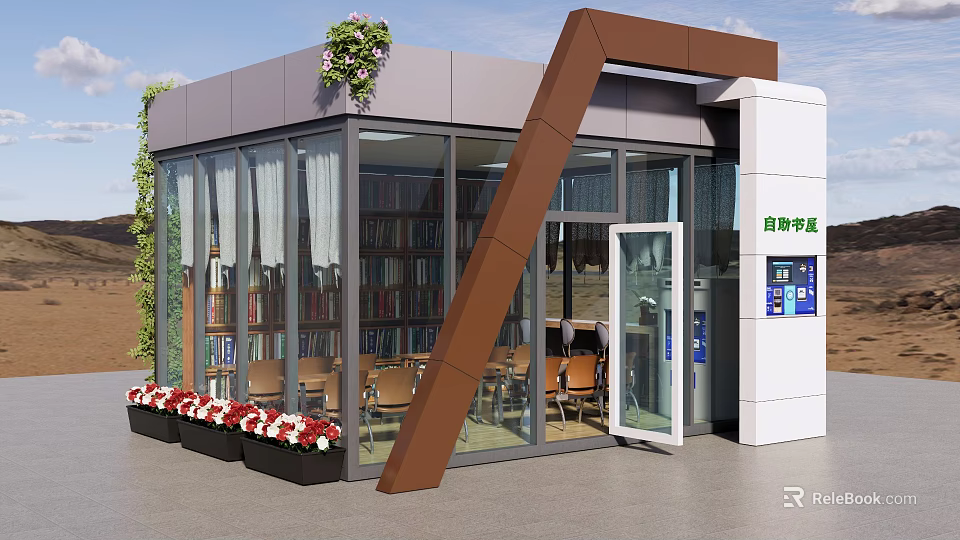 Modern Glass Building With Bookshelves Chairs Flowers And Water Dispenser 3d model 