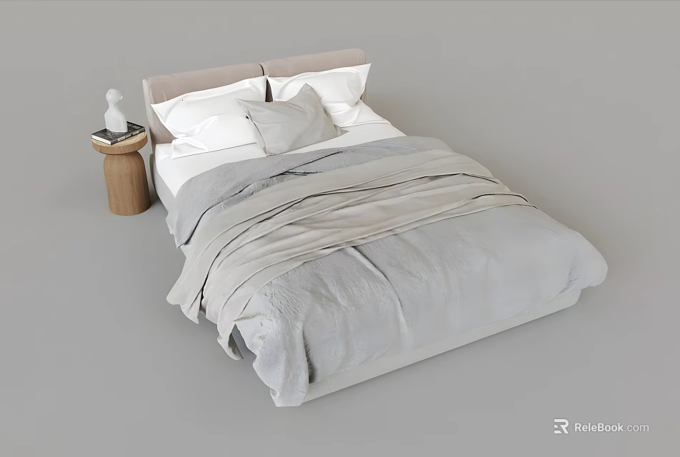 Modern Double Bed With Light Gray Bedding Soft Pillows And Headboard Design 3d model 