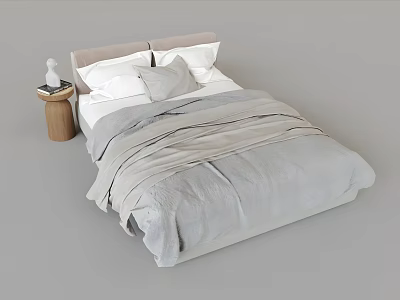 Modern Double Bed With Light Gray Bedding Soft Pillows And Headboard Design 3d model