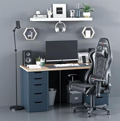 Modern Gaming Desk Setup With Computer Monitor Keyboard Racing Chair Shelf Headphones And Decorations 3d model