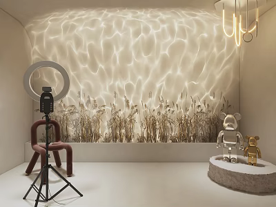 Public Office Space With Ring Light Wavy Textured Wall And Wheat Decor 3d model