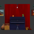 Blue Piano With Red Stool Yellow Box Green Plant And Wall Paintings On Red Background