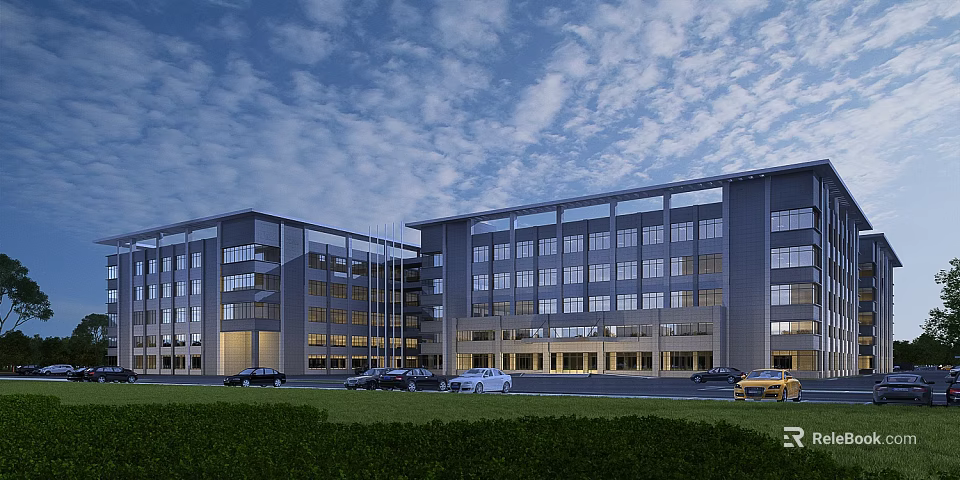 Aerial View Planning of Modern Commercial Building With Multiple Windows Parking Lot and Surrounding Greenery 3d model 
