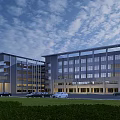 Aerial View Planning of Modern Commercial Building With Multiple Windows Parking Lot and Surrounding Greenery