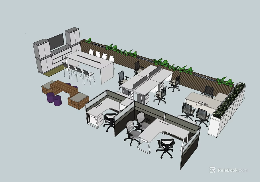 Modern Office Workspace With Multiple Office Desks Office Chairs Dividers Green Plants And TV Screen 3d model 