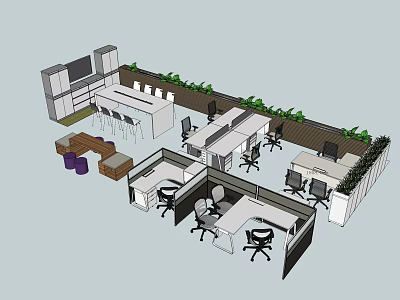 Modern Office Workspace With Multiple Office Desks Office Chairs Dividers Green Plants And TV Screen 3d model