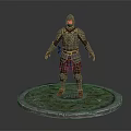 Silver Armored Game Movie Character with Orange Eyes Blue Waist on Circular Patterned Base