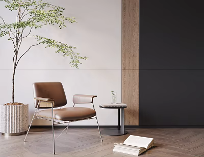 Brown Leather Leisure Chair With Metal Frame Small Round Table Green Plant And Open Book 3d model