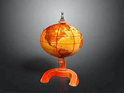 Vintage Orange Globe With Wooden Curved Stand And Red Meridians Parallels 3d model