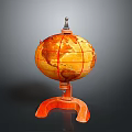 Vintage Orange Globe With Wooden Curved Stand And Red Meridians Parallels