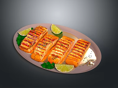 Grilled Salmon Fillets Plated with Lime Wedges Fresh Parsley and Black Pepper 3d model