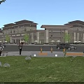 Modern Commercial Street Featuring Stylish Buildings Green Spaces Pedestrians and Decorative Metal Sculptures