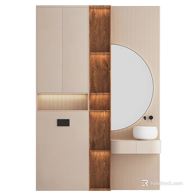 Modern Bathroom Vanity With Round Mirror Wooden Shelves Striped Paneling And Soft Lighting 3d model 